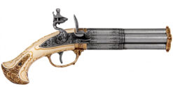 Replika pištoľ štvorhlavňová, kresadlová, nikel, Francúzsko 18.stor.